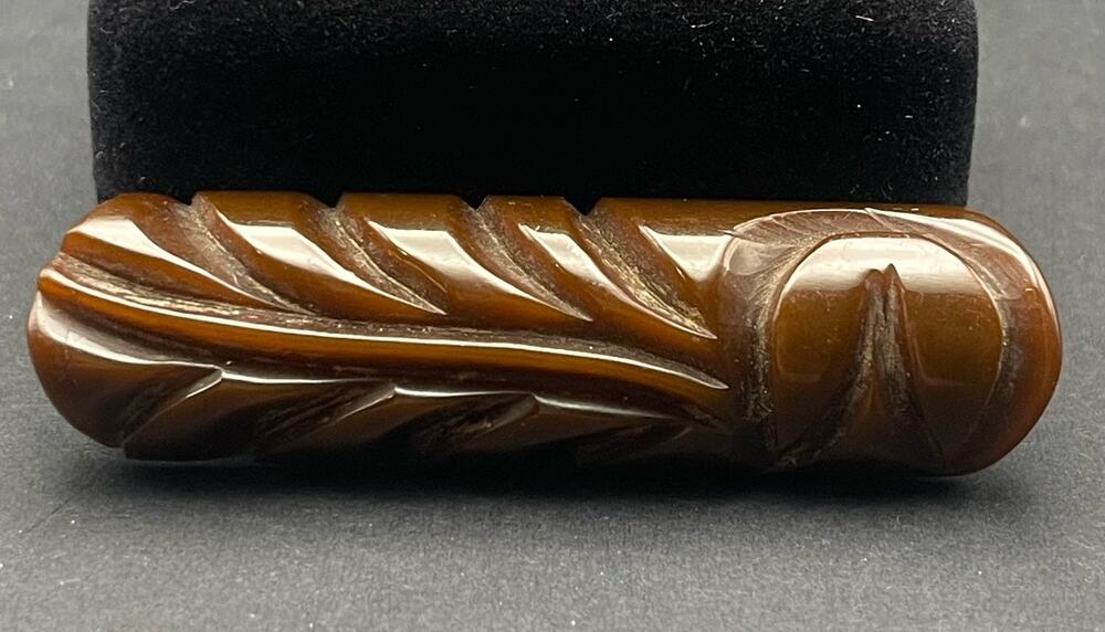 Hand Carved Bakelite Bar Brooch Abstract Floral Tulip 2.68" Vintage Brown Pin